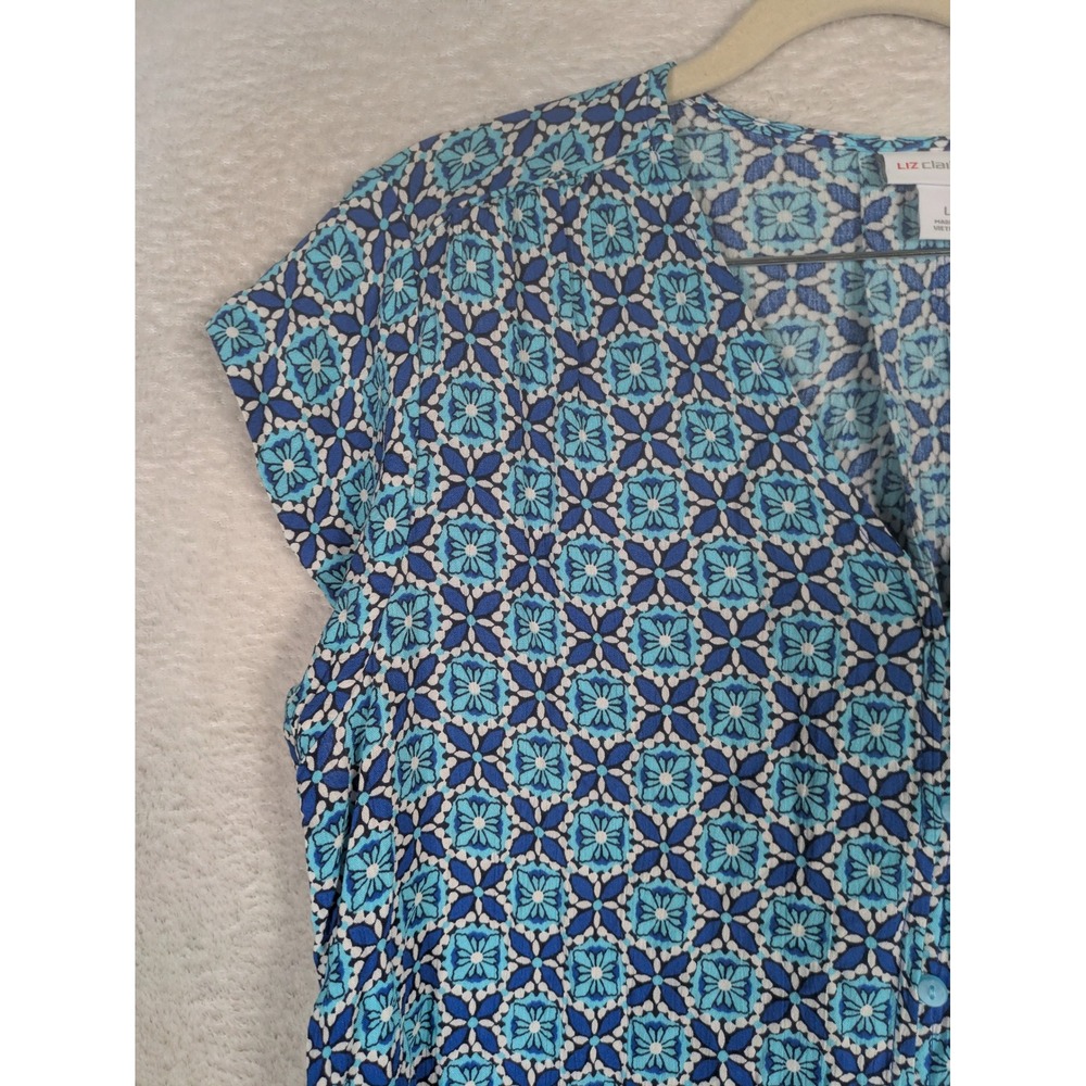 Liz Claiborne Button Down Top Women L Blue Geometric Floral V-Neck Short Sleeve - Picture 3 of 9